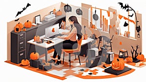 Isometric infographic of Halloween theme in the office. Happy halloween event