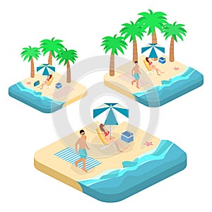 Isometric infographic landscape with sea and people on the beach. Isometric flat 3D landscape.