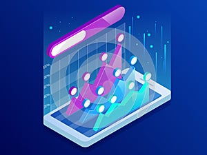 Isometric infographics inside smartphone, business trend analysis on smartphone screen with graphs, perspective. Market