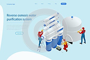 Isometric installing or repairing system of water filtration at home concept. Fix purification osmosis system. Drinking