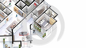 Isometric interior of an apartment showing circulations people having copy space