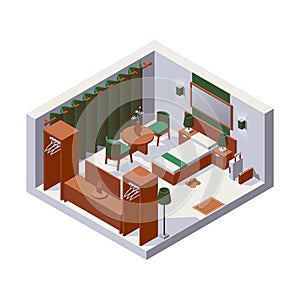 Isometric interior hotel room for one person, decorated with green fabric and wooden furniture. 3d scene with stylish bedroom