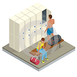 Isometric Interior of a locker and changing room. Vector changing locker room with shower enclosures benches and storage