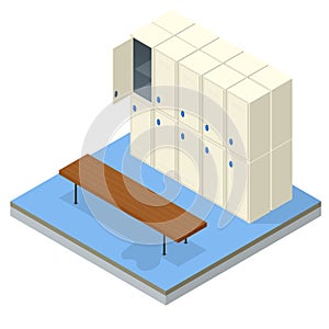 Isometric Interior of a locker and changing room. Vector changing locker room with shower enclosures benches and storage