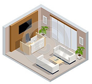 Isometric interior of the modern office. Hall with reception desk and sofa for customers.