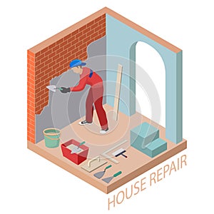 Isometric interior repairs concept. Builder is plastering.