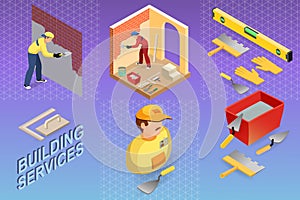 Isometric interior repairs concept. Builder is plastering.