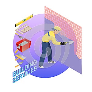 Isometric interior repairs concept. Builder is plastering.