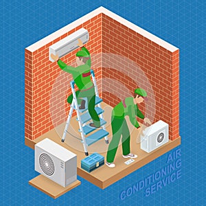 Isometric interior repairs concept. System of air conditioning.