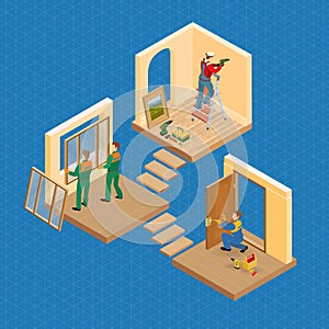 Isometric interior repairs concept. Vector flat 3d illustration.