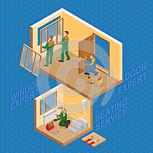 Isometric interior repairs concept. Vector flat 3d illustration.