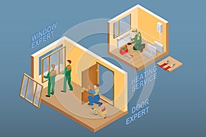 Isometric interior repairs concept. Vector flat 3d illustration.