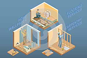 Isometric interior repairs concept. Vector flat 3d illustration.