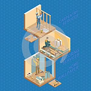 Isometric interior repairs concept. Vector flat 3d illustration.