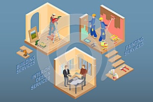 Isometric interior repairs concept. Vector flat 3d illustration.