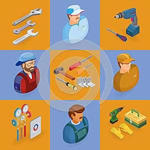 Isometric interior repairs icons set. Workers, tools.