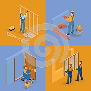 Isometric interior repairs icons set. Workers, tools.