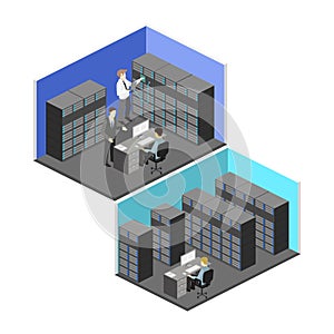 Isometric interior of server room. Flat 3D illustration.