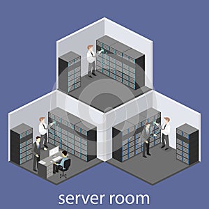 Isometric interior of server room. Flat 3D illustration.