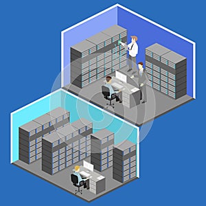 Isometric interior of server room. Flat 3D illustration.