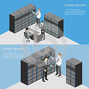 Isometric interior of server room. Flat 3D illustration.