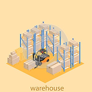 Isometric interior of warehouse. The boxes are on the shelves