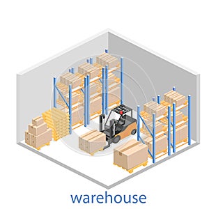 Isometric interior of warehouse. The boxes are on the shelves