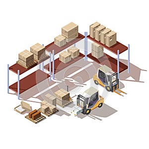 Isometric interior of warehouse with forklift