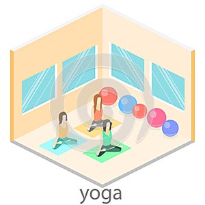Isometric interior of yoga class. people do yoga.