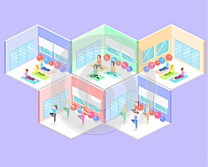 Isometric interior of yoga class. people do yoga.
