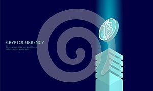 Isometric internet cryptocurrency coin business concept. Blue glowing isometric Bitcoin coin finance mining pc