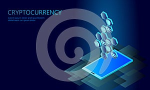 Isometric internet cryptocurrency coin business concept. Blue glowing isometric Bitcoin Ethereum Ripple coin finance