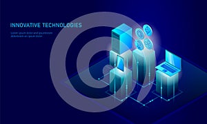Isometric internet cryptocurrency coin business concept. Blue glowing isometric Bitcoin Ethereum Ripple GCC coin finance photo