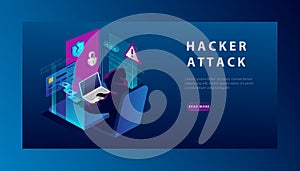 Isometric Internet Hacker Attack and Credit Card Hacking Concept. The Hacker at the Computer. Computer Security