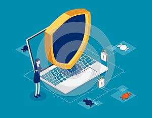 Isometric internet hacker attack and personal data security. Computer security technology concept