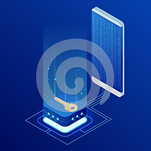 Isometric internet security lock transferring data from a smartphone to database concept. Hacking smartphone user