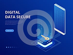 Isometric internet security lock transferring data from a smartphone to database concept. Hacking smartphone user
