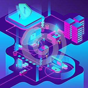 Isometric internet security shield data protection concept.