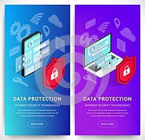 Isometric internet security smartphone vertical banners set