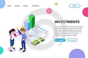 Isometric Investment Concept. Man talks about the benefits of investment on the background of the graph of growth of income.
