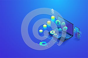 Isometric Investment and virtual finance, marketing management for investment, analysis and planning concept on computer and