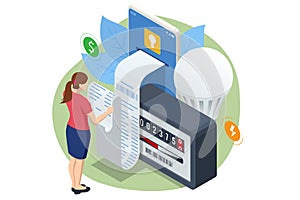 Isometric invoice, payment for electricity. Utility bills and saving resources concept. Utility bills payment. People