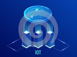 Isometric IOTA Cryptocurrency mining farm. Blockchain technology, cryptocurrency and a digital payment network for photo