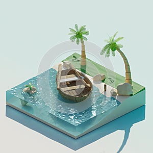 Isometric island with boat and palms. Island in low-poly style.