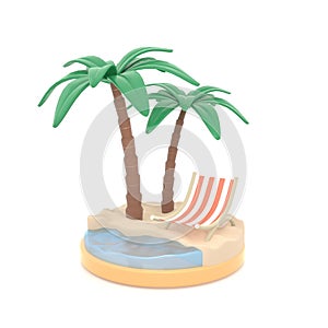 isometric island with palm coconut tree, beach chair, sea water. Isolated on white background.