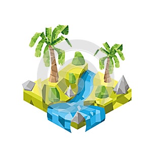 Isometric island with palms and bushes. Flying island. Island in low-poly style.