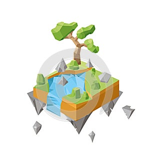 Isometric island with tree and bushes. Flying island. Island low-poly style.