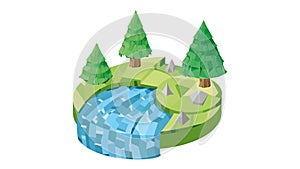 Isometric island with tree and bushes. Flying island. Island in low-poly style.