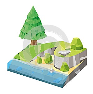 Isometric island with tree and bushes. Flying island. Island in low-poly style.