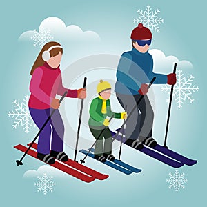 Isometric isolated happy family skiing. Cross country skiing, winter sport. Olimpic games, recreation lifestyle